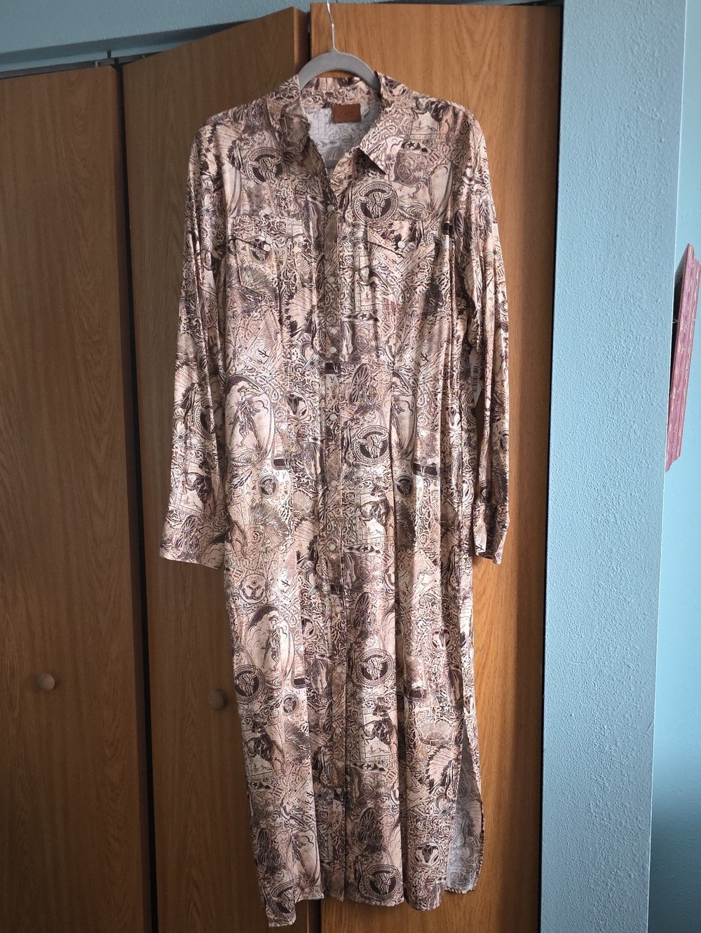 Neutral Patterned Long Sleeve Maxi Shirt Dress - Beige